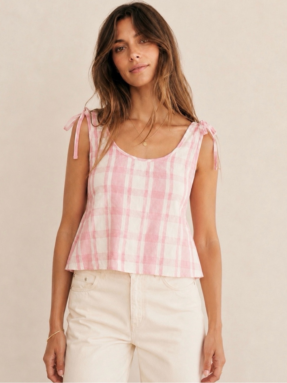 Madewell Petal Plaid Crop Swing Tank Top Pink Tie Shoulder Small